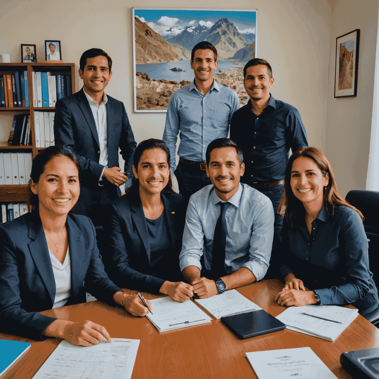 Foto del equipo sonriente de Viajes-Win en su oficina en Perú