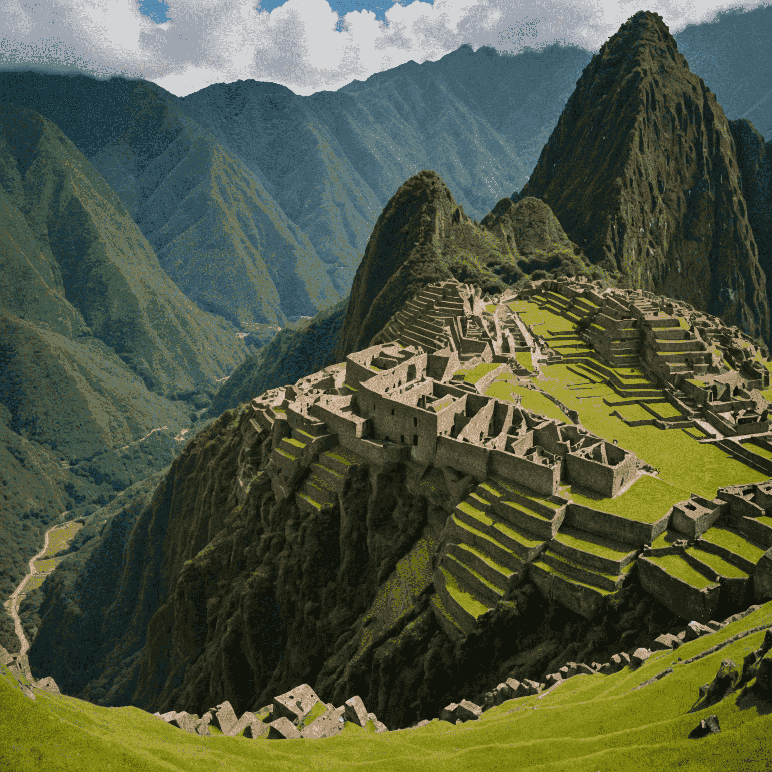 Vista panorámica de la ciudadela inca de Machu Picchu, rodeada de montañas verdes y niebla misteriosa.