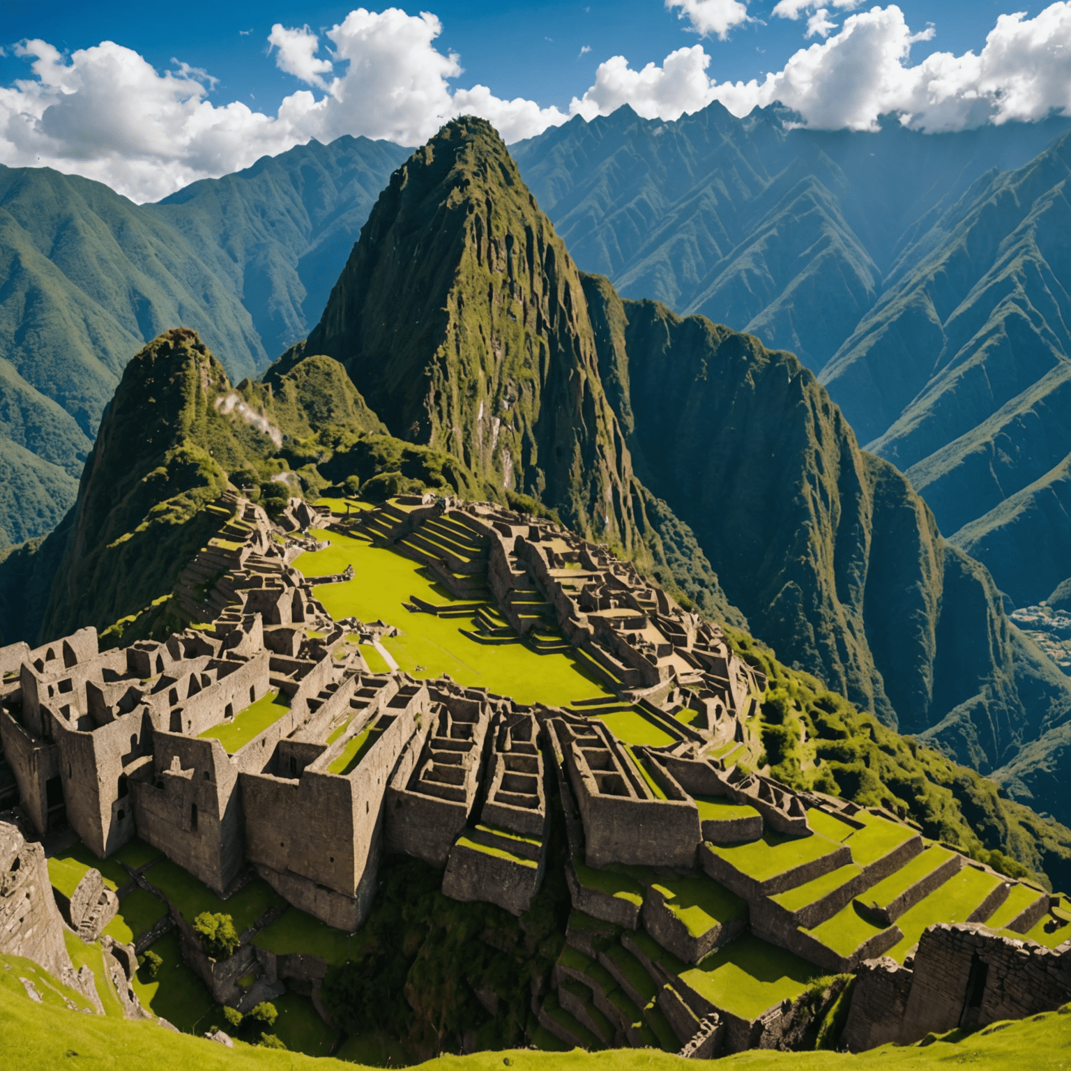 Vista panorámica de la ciudadela inca de Machu Picchu, rodeada de montañas verdes y cielo azul.