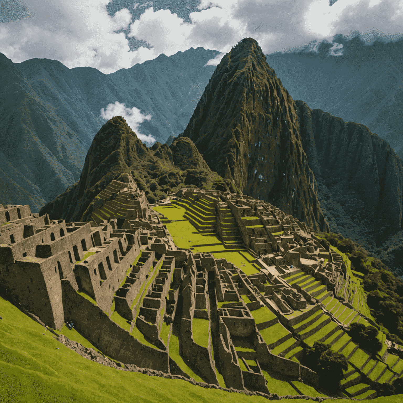 Vista panorámica de la ciudadela inca de Machu Picchu, rodeada de montañas verdes y niebla