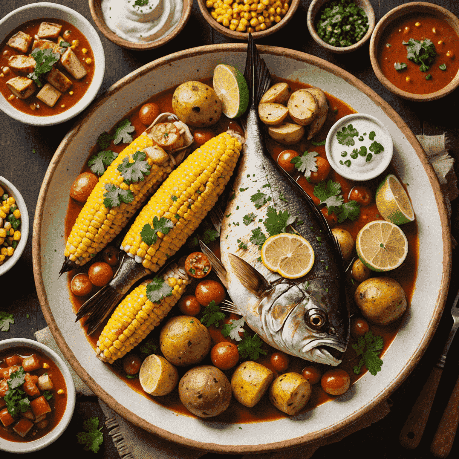 Un plato tradicional peruano con pescado fresco, maíz, papas y salsa