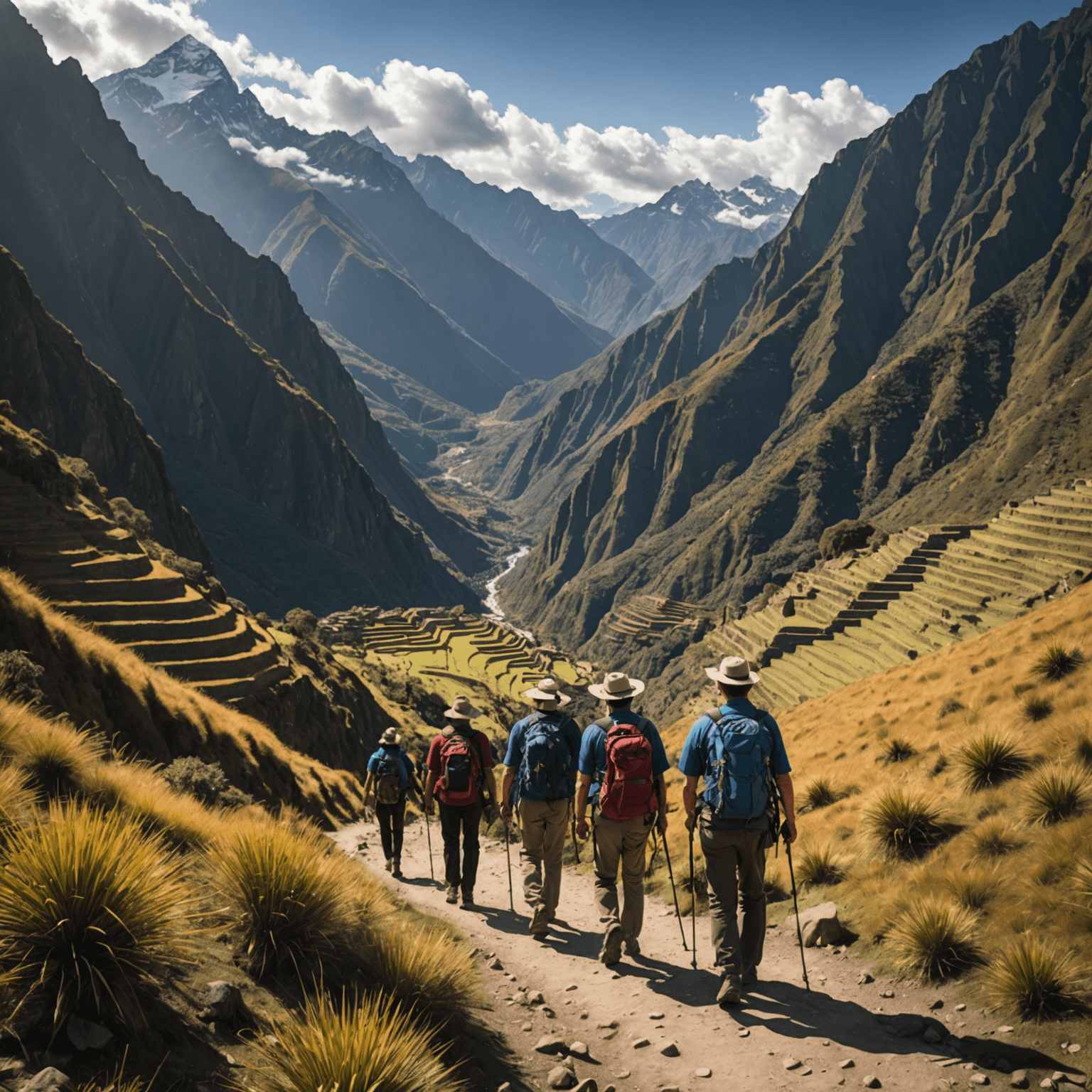 Trekkers caminando por el Camino Inca con impresionantes vistas a las montañas de los Andes