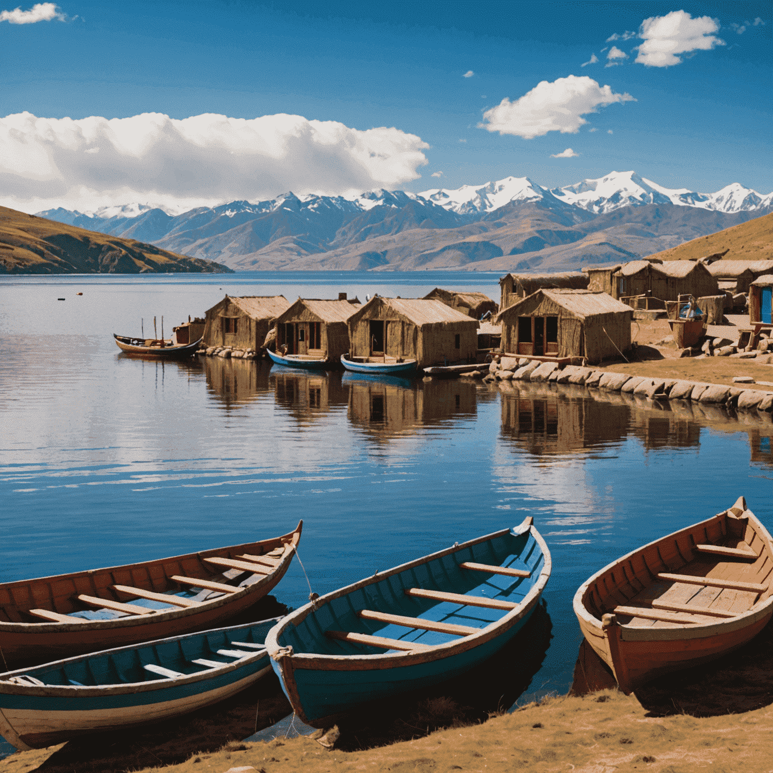 Vista panorámica del Lago Titicaca con montañas nevadas en el fondo y botes tradicionales en primer plano