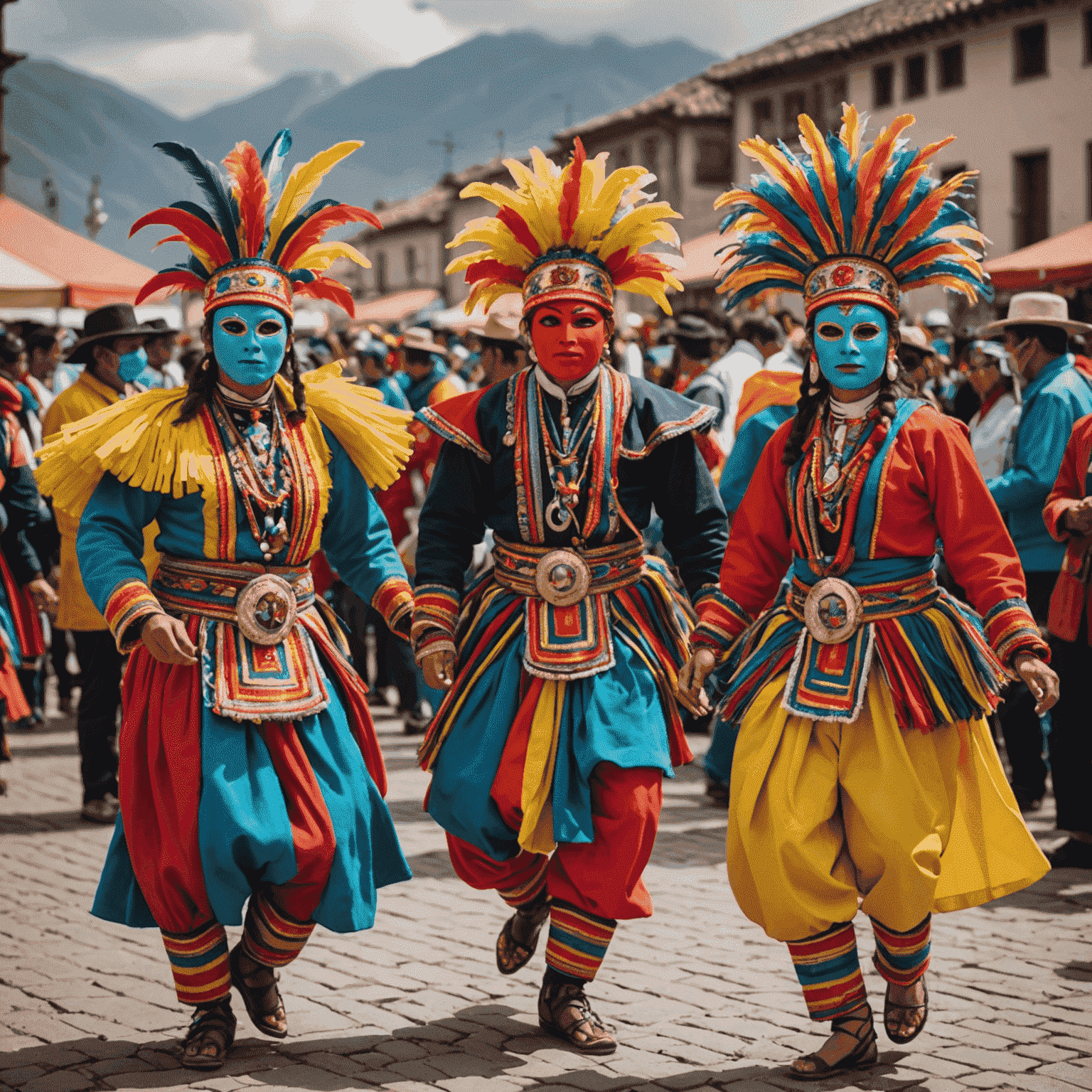 Bailarines con trajes coloridos y máscaras participando en un festival peruano tradicional