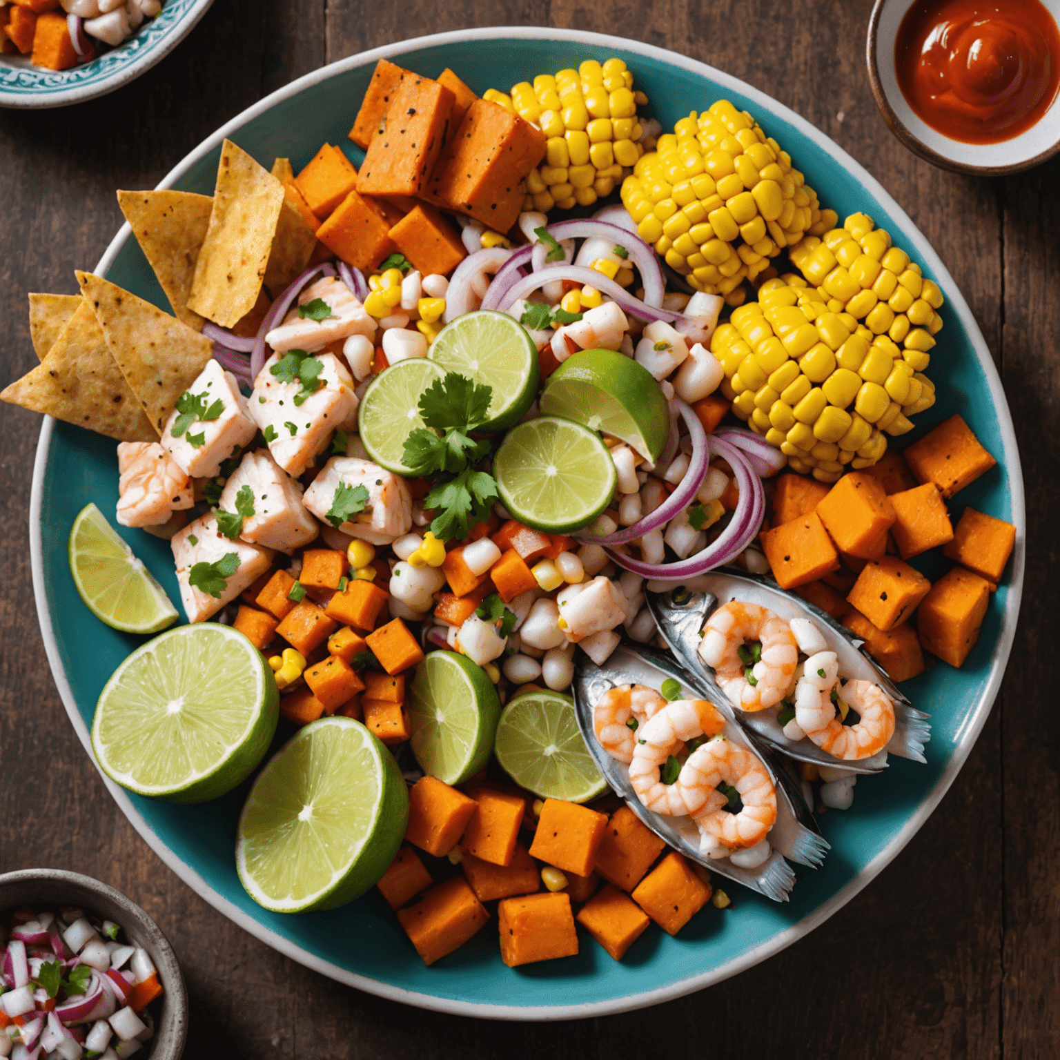 Un colorido plato de ceviche peruano, con pescado fresco, maíz, camote y lima.