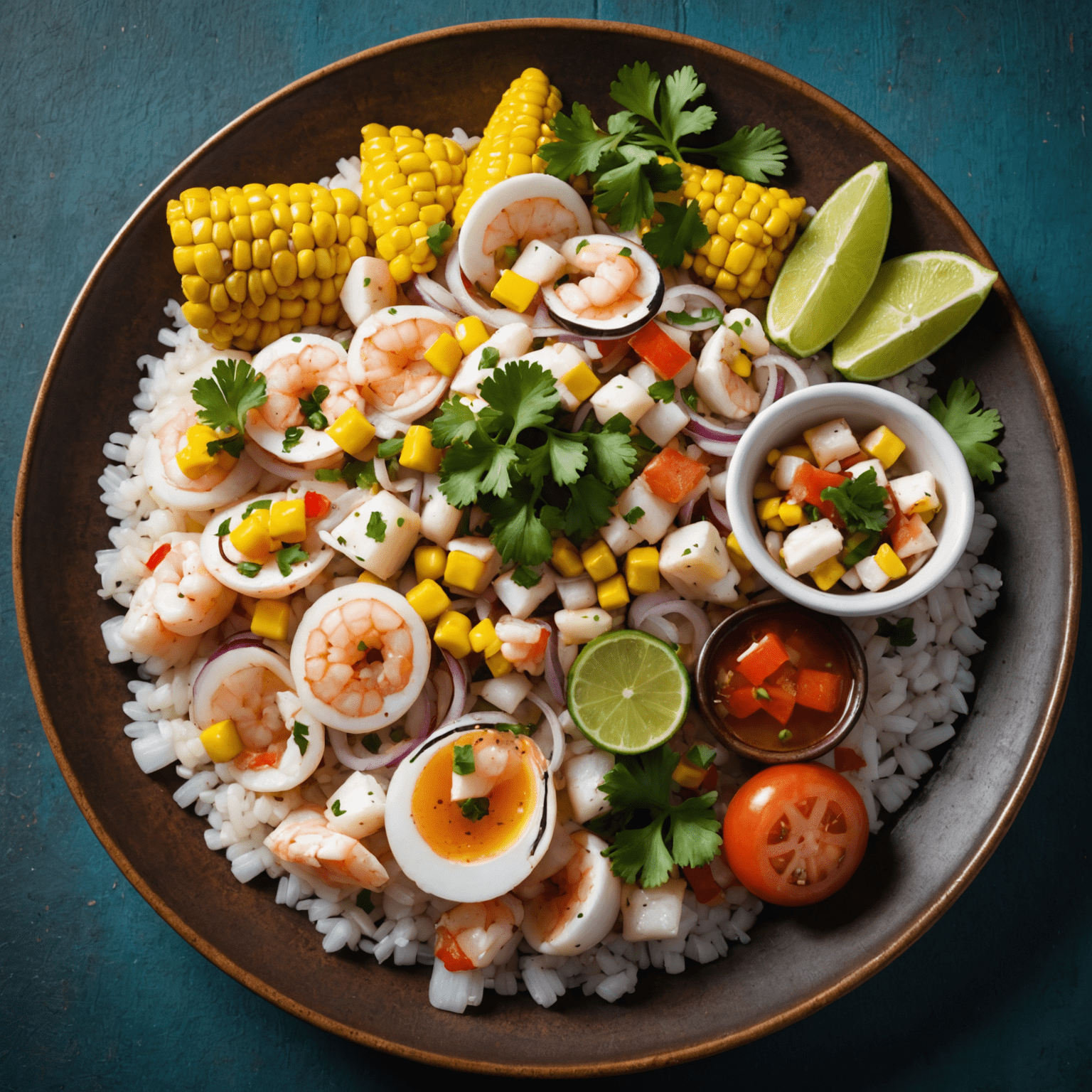 Un plato de ceviche peruano, con pescado fresco, cebolla, cilantro y maíz.