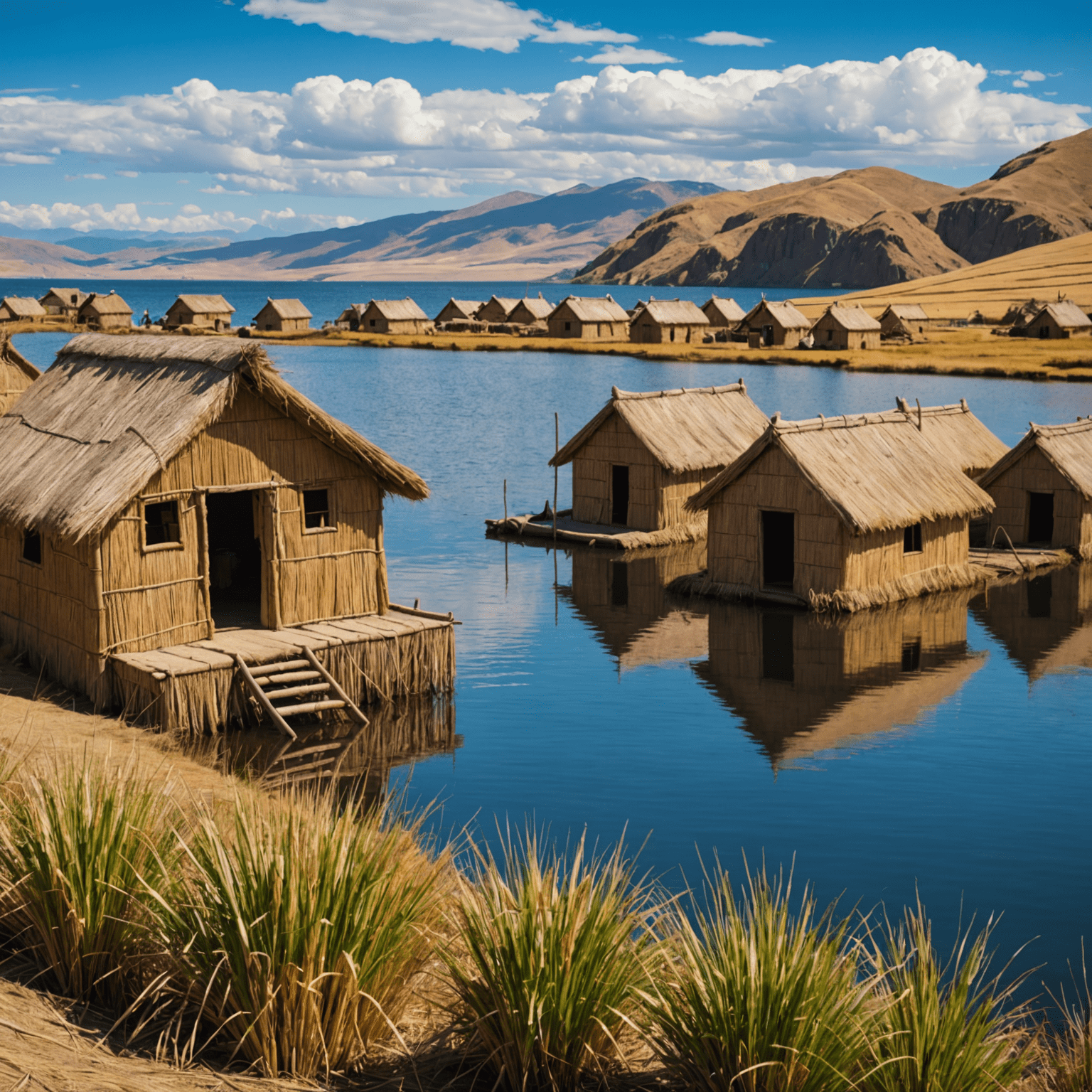 Casas tradicionales de totora en las Islas Uros con el Lago Titicaca de fondo