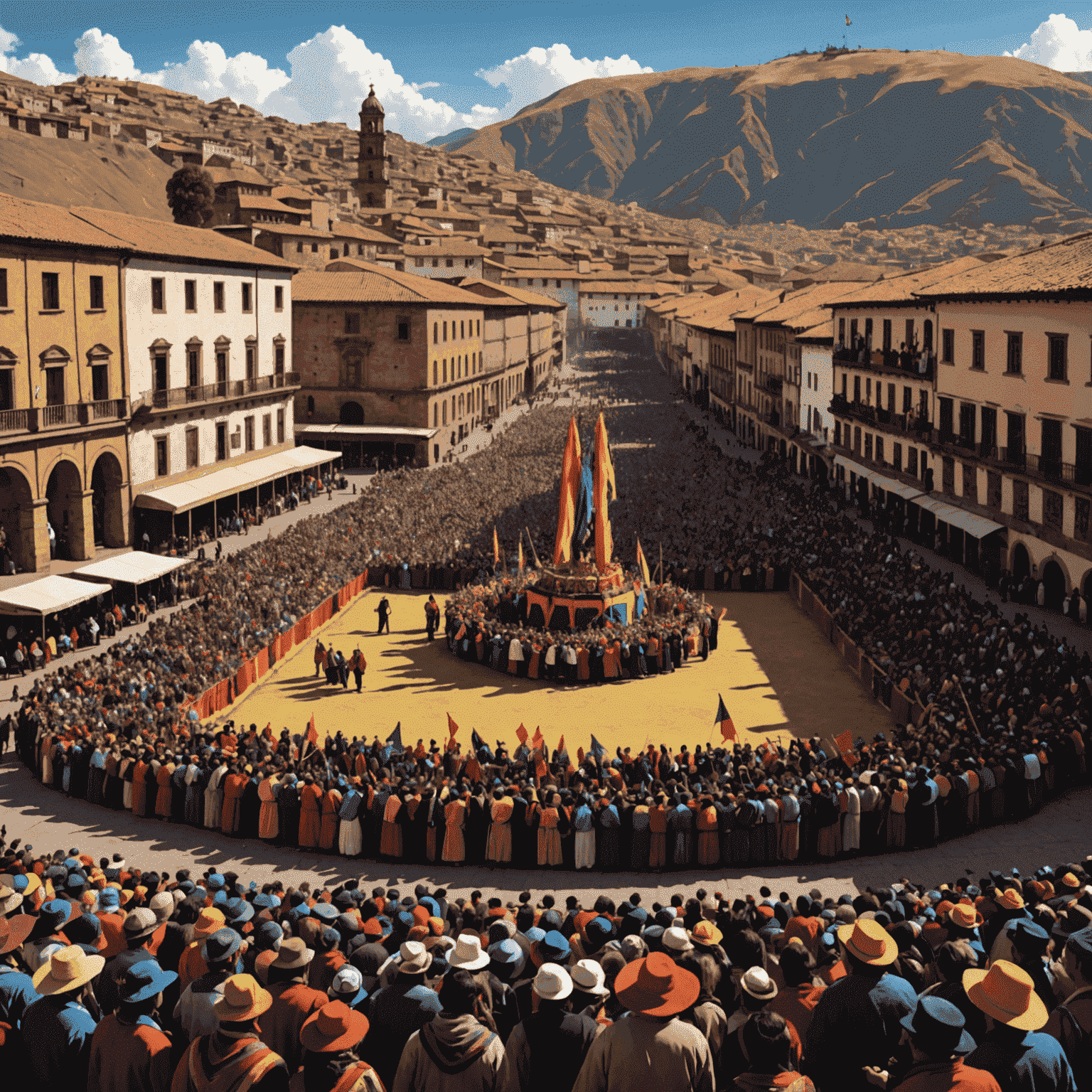 Multitud reunida en la plaza principal de Cusco para el Inti Raymi, con el Inca y la Coya presentes