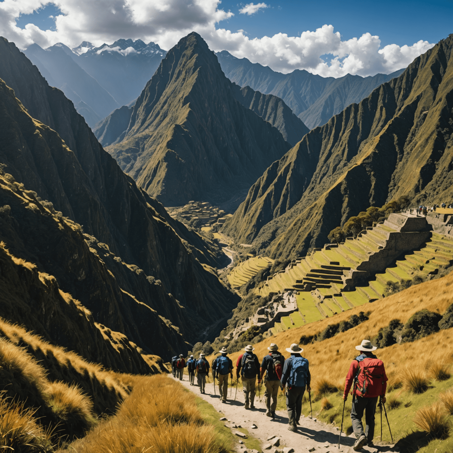 Excursionistas caminando por el antiguo sendero inca, rodeados de impresionantes vistas montañosas.