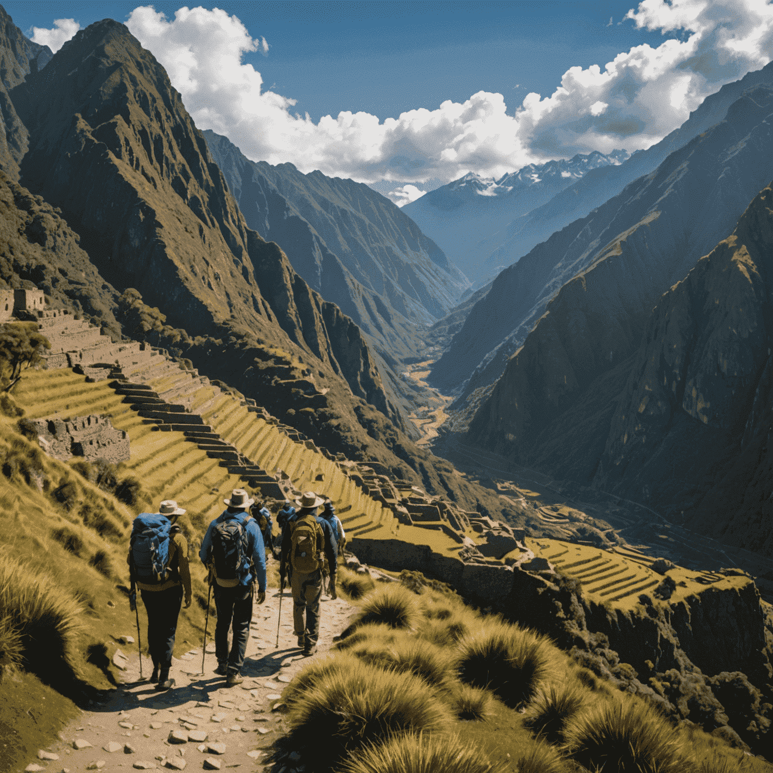 Caminantes en el Camino Inca, con vistas a montañas y ruinas incas.