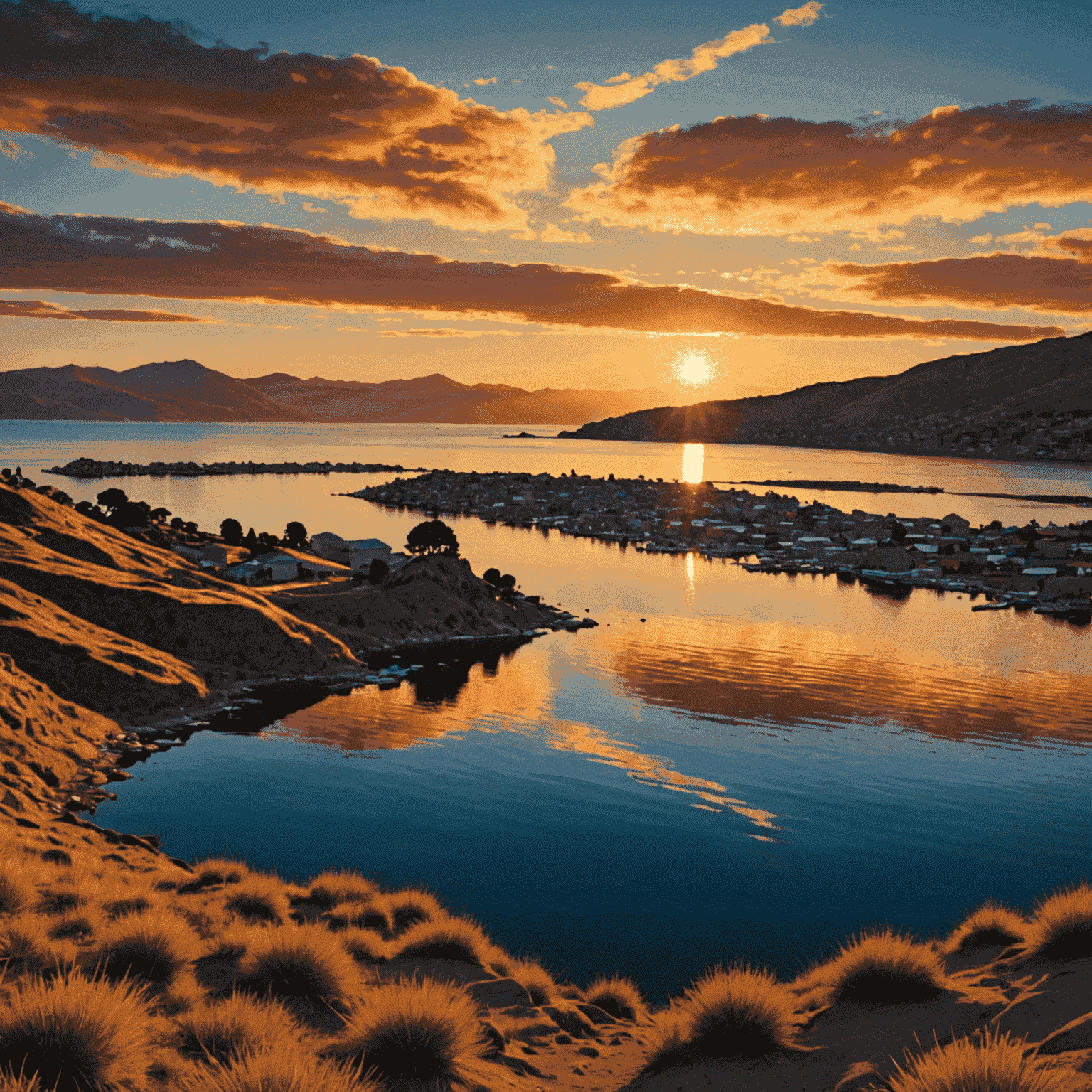 Espectacular atardecer en el Lago Titicaca con el sol poniente reflejándose en las tranquilas aguas del lago