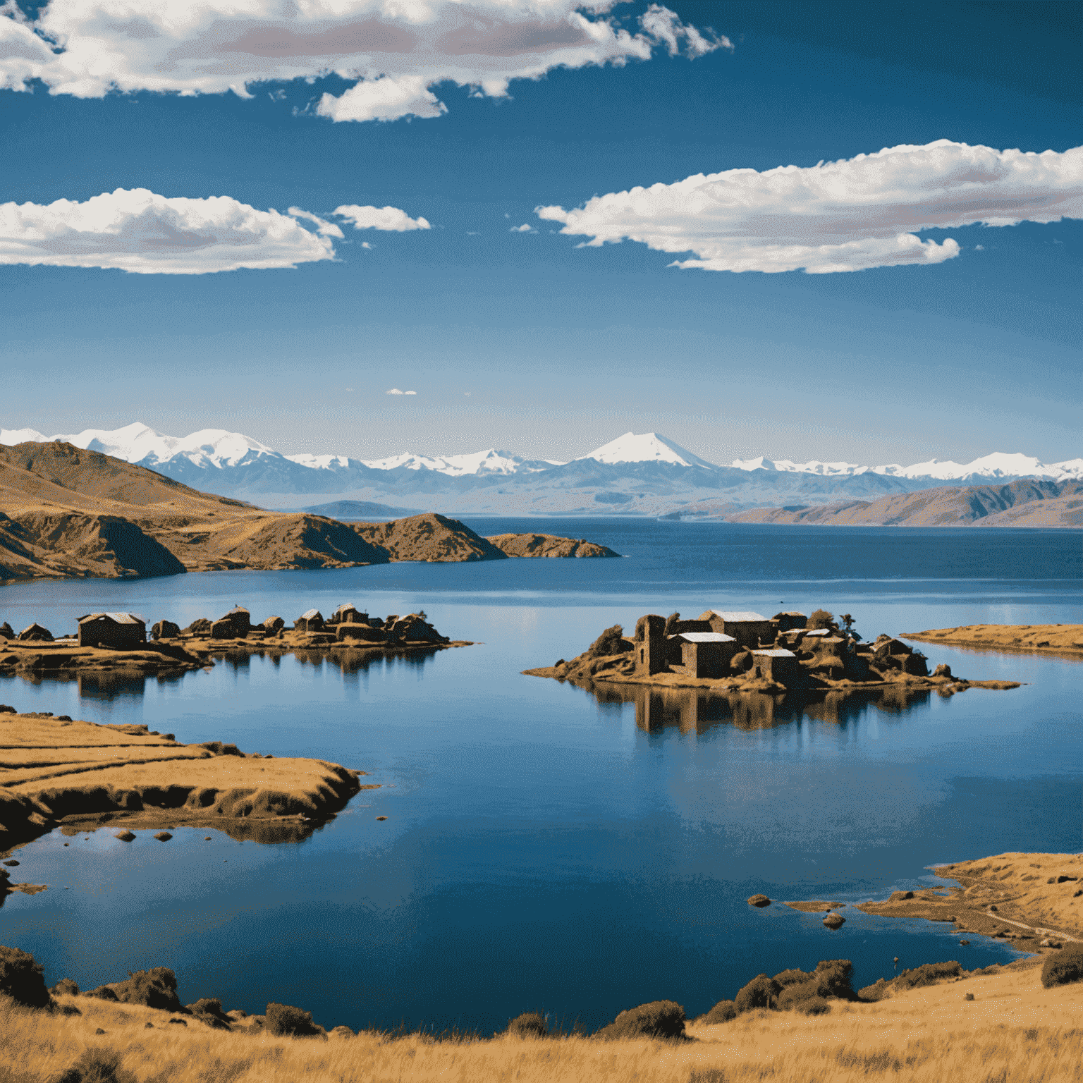 Vista del Lago Titicaca, con islas flotantes y montañas nevadas de fondo.