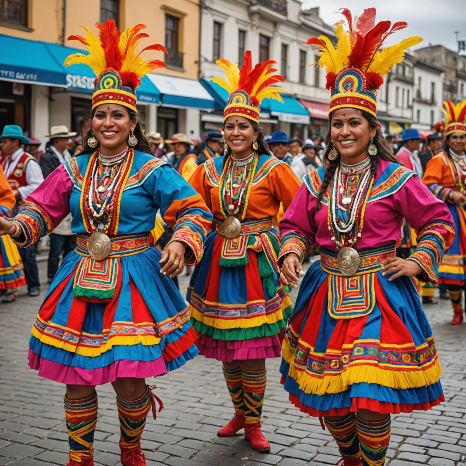 Bailarines con trajes coloridos en un festival peruano, con música y desfiles.